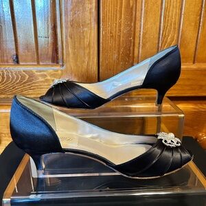 Elegant Black Satin Heels with Rhinestone Detail